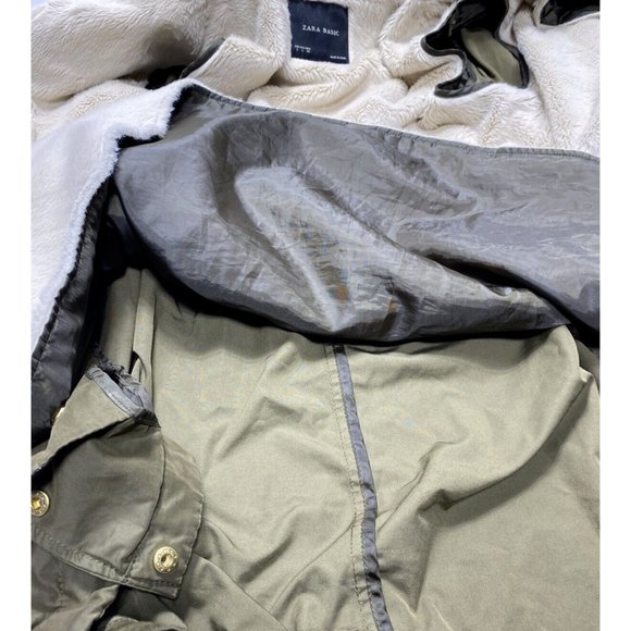 Green Zara Leather and Khaki Winter/Fall Coat Parka L -As is front zipper broken - Picture 11 of 16